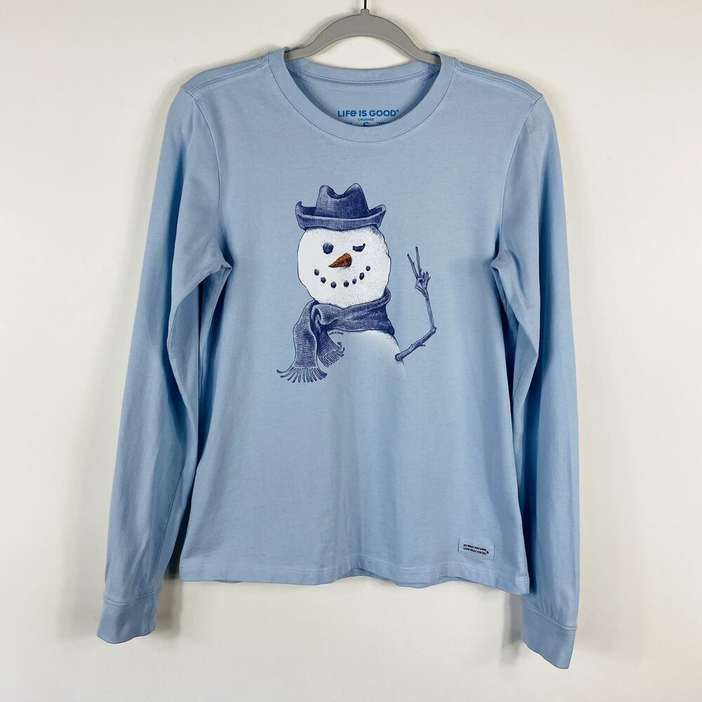 Life Is Good T-Shirt Women's Small Long Sleeve Snowman Christmas Crusher Tee
